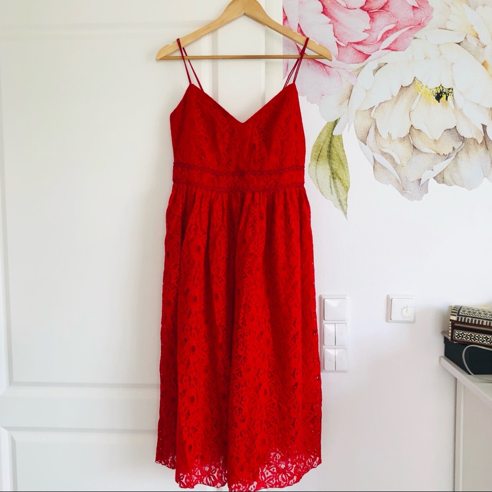 Amisu Red Lace Spaghetti Strap Midi Dress - Picture 1 of 8